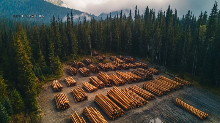 PSD aerial view of stacked lumber logs in a forest clearing