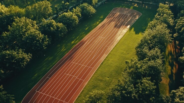 PSD aerial view of a running track surrounded by trees