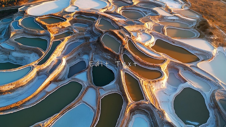 PSD aerial view of salt evaporation ponds at sunset
