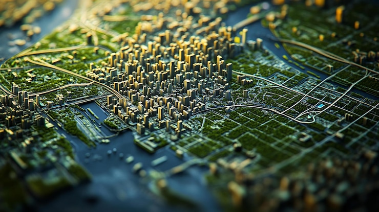 PSD aerial view of a sprawling metropolis showcasing a blend of urban development and green spaces