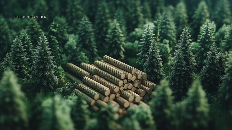 PSD aerial view of stacked lumber in a pine forest