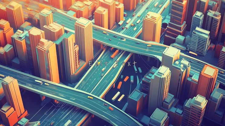 PSD aerial view of stylized city with highway interchange