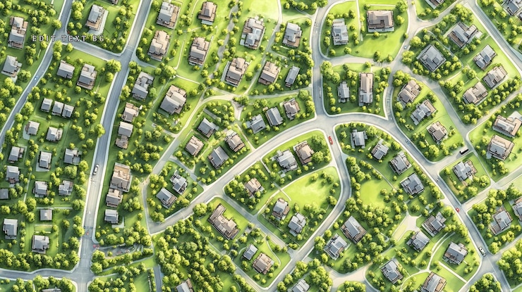 PSD aerial view of a suburban neighborhood with houses roads and green spaces