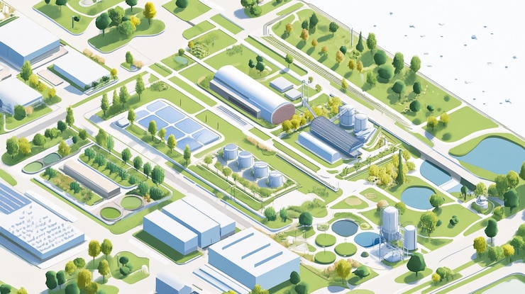 PSD aerial view of a sustainable industrial park with green spaces and renewable energy sources