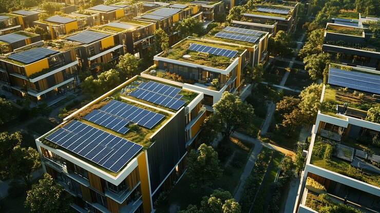PSD aerial view of a sustainable residential community with solar panels on rooftops lush green spaces and modern architecture