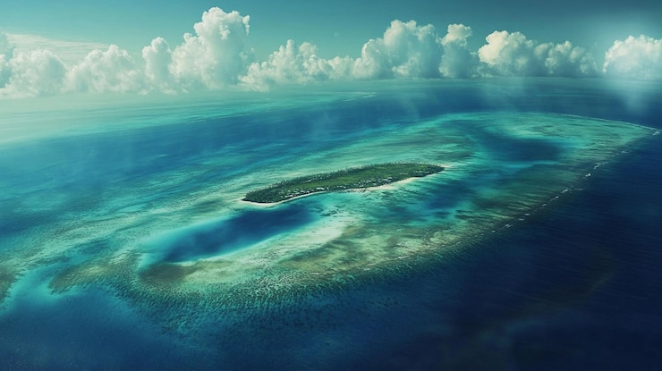 PSD 在陽光明的天空下, 一座由珊瑚礁和青色海洋包圍的熱帶島