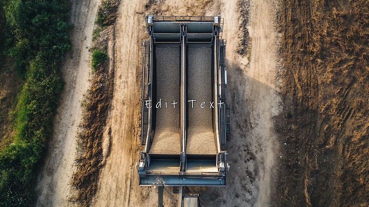PSD aerial view of a truck bed filled with gravel on a dirt road