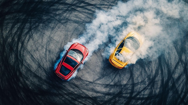 PSD aerial view of two sports cars drifting leaving tire marks and smoke on asphalt