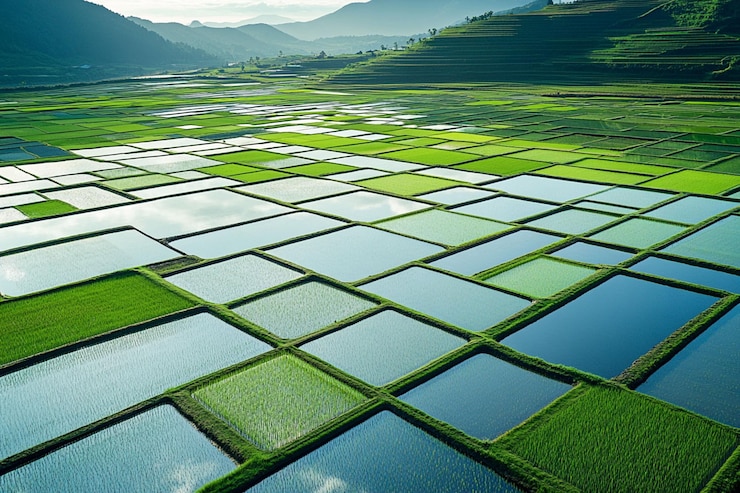 PSD aerial view of vibrant green and blue rice paddies in a mountainous region