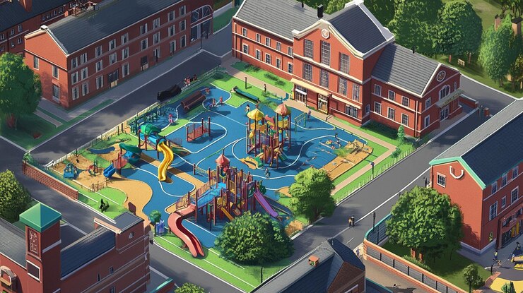PSD aerial view of a vibrant school playground with colorful equipment surrounded by brick buildings and lush greenery