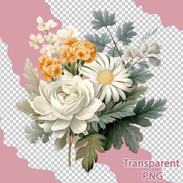 PSD Красивая ботаническая иллюстрация красочный цветочный букет с прозрачным фоном