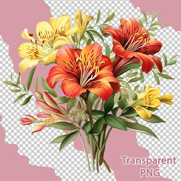 PSD aesthetic beautiful botanical illustration a colorful flower bouquet with transparent background