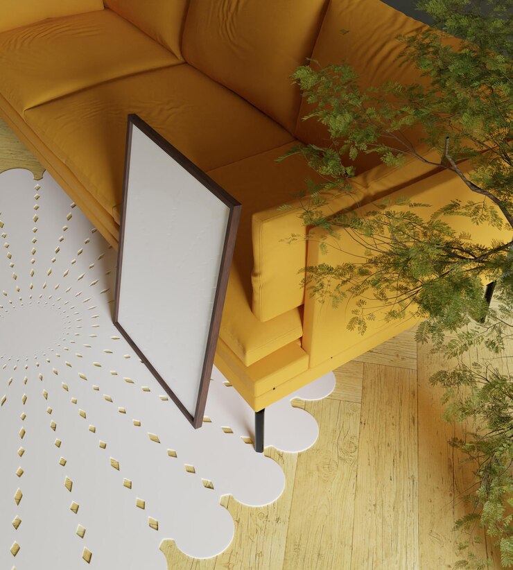 PSD aesthetic and beautiful shot of frame mockup poster leaning on the orange sofa with plant decor