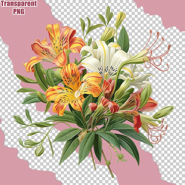 Estetico colorato bouquet di fiori con illustrazione dipinta dettagliata sfondo trasparente