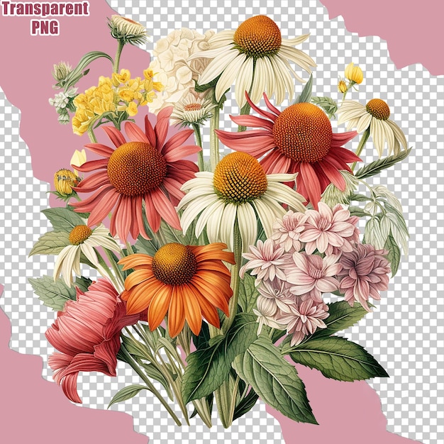 Estetico colorato bouquet di fiori con illustrazione dipinta dettagliata sfondo trasparente