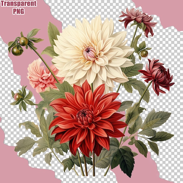 PSD estetico colorato bouquet di fiori con illustrazione dipinta dettagliata sfondo trasparente