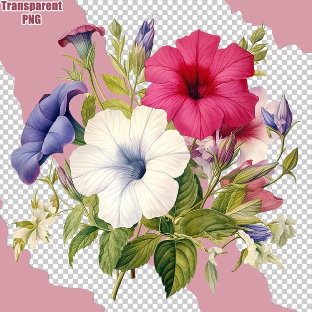 PSD Эстетический красочный цветочный букет с подробной живописной иллюстрацией на прозрачном фоне