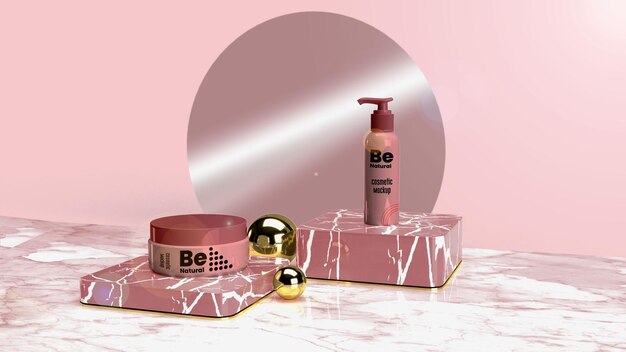 PSD aesthetic cosmetic jar and foundation pump with golden balls and marble background