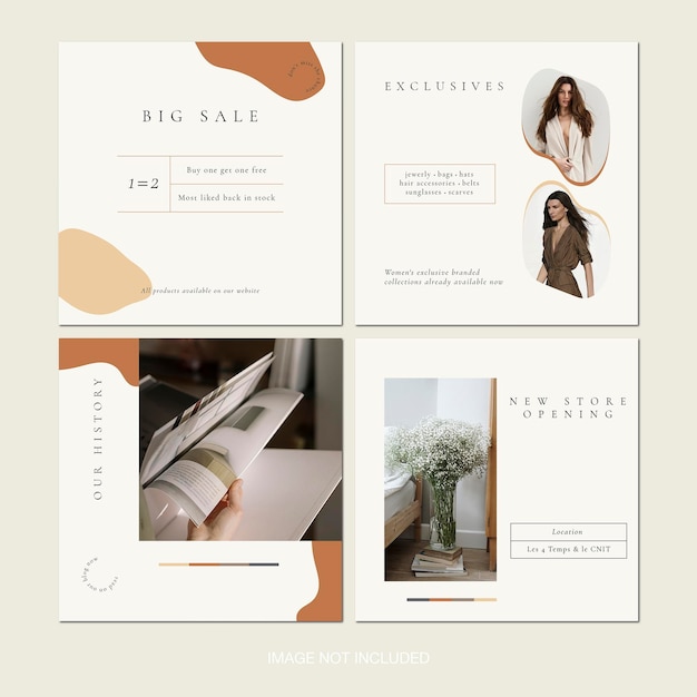 Aesthetic fashion instagram posts stories design templates in beige ivory neutral brown colors