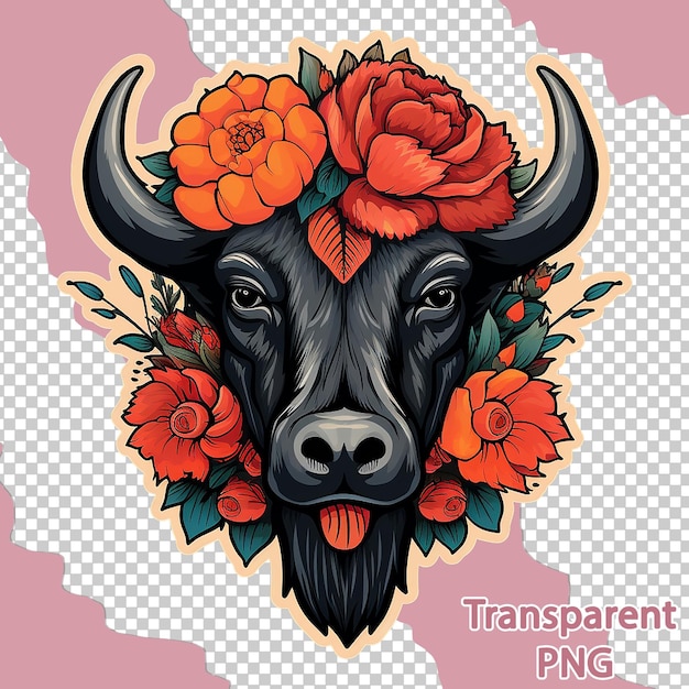 PSD aesthetic floral buffalo illustration on colorful vector art transparent background