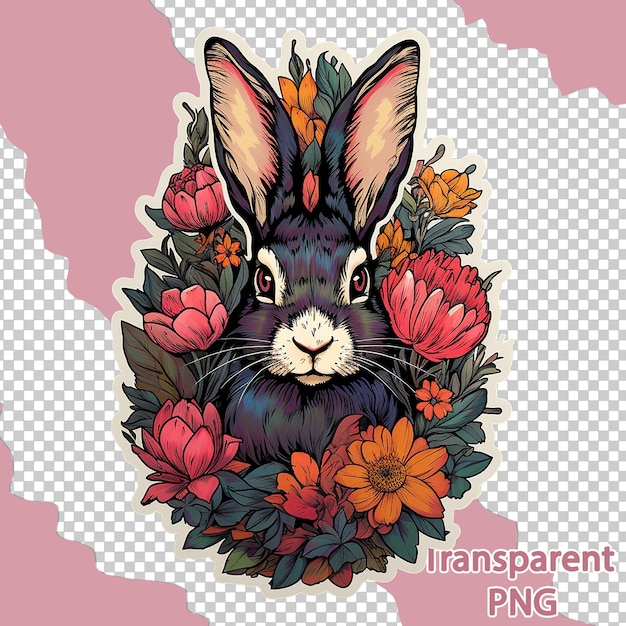 PSD aesthetic floral bunny illustration on colorful vector art transparent background