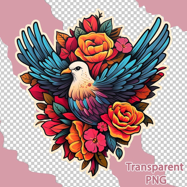 PSD illustrazione estetica di colombe floreali su sfondo trasparente di arte vettoriale colorata