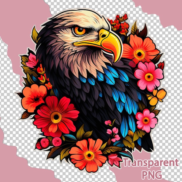 PSD aesthetic floral eagle illustration on colorful vector art transparent background
