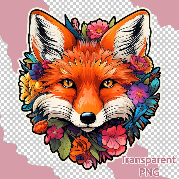 PSD aesthetic floral fox illustration on colorful vector art transparent background