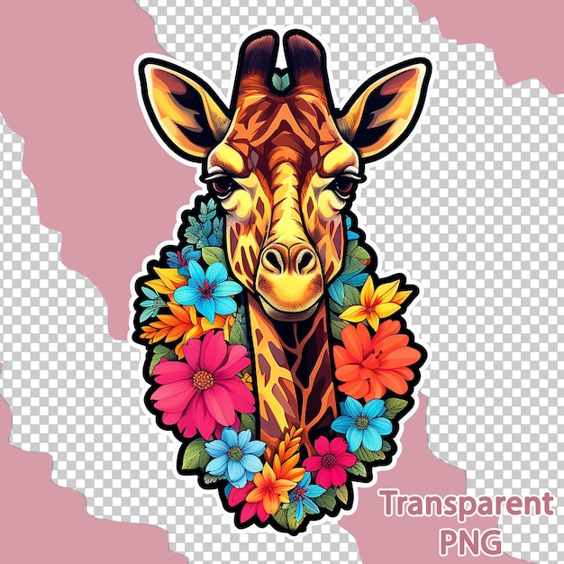 PSD aesthetic floral giraffe illustration on colorful vector art transparent background