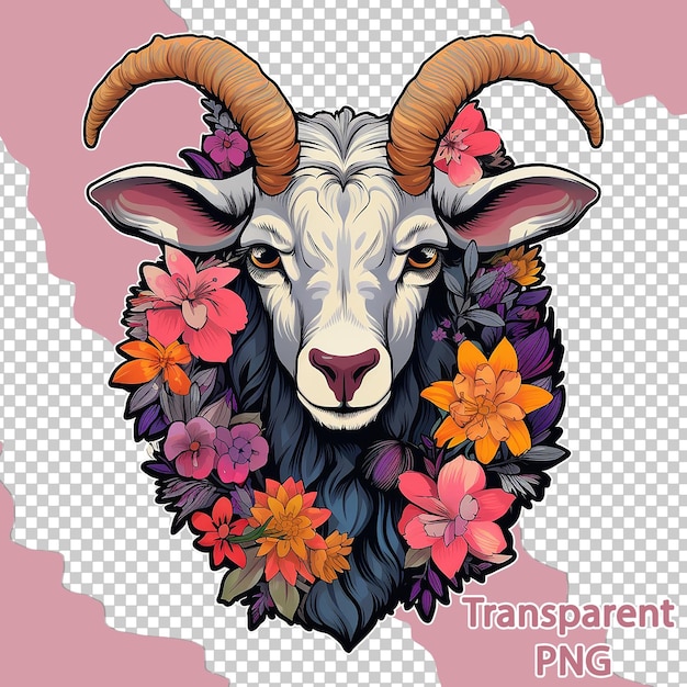 PSD aesthetic floral goat illustration on colorful vector art transparent background