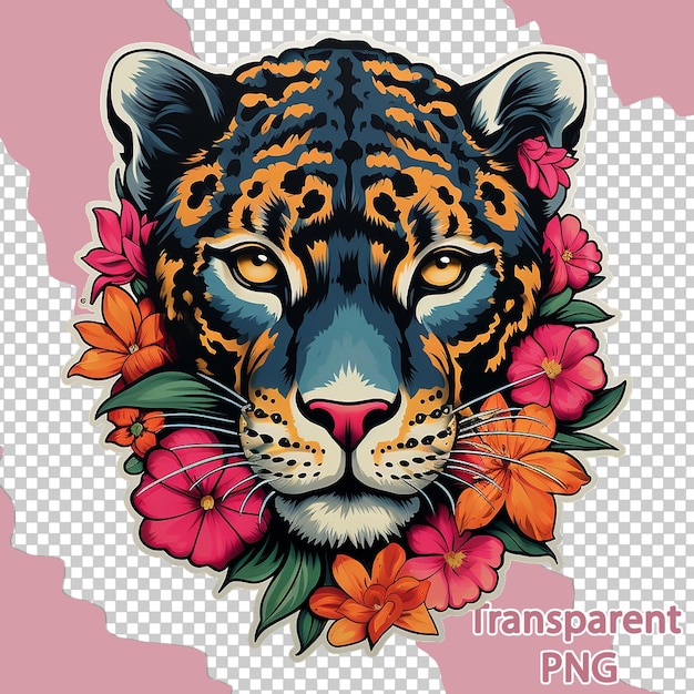 PSD aesthetic floral leopard illustration on colorful vector art transparent background