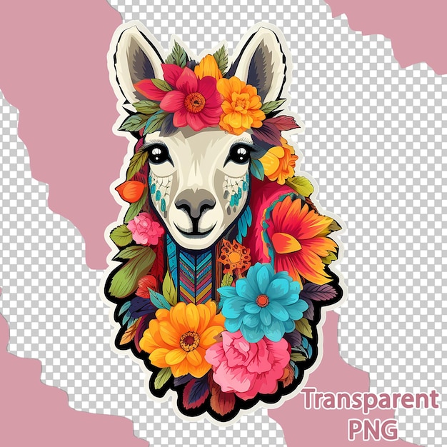 PSD aesthetic floral llama illustration on colorful vector art transparent background