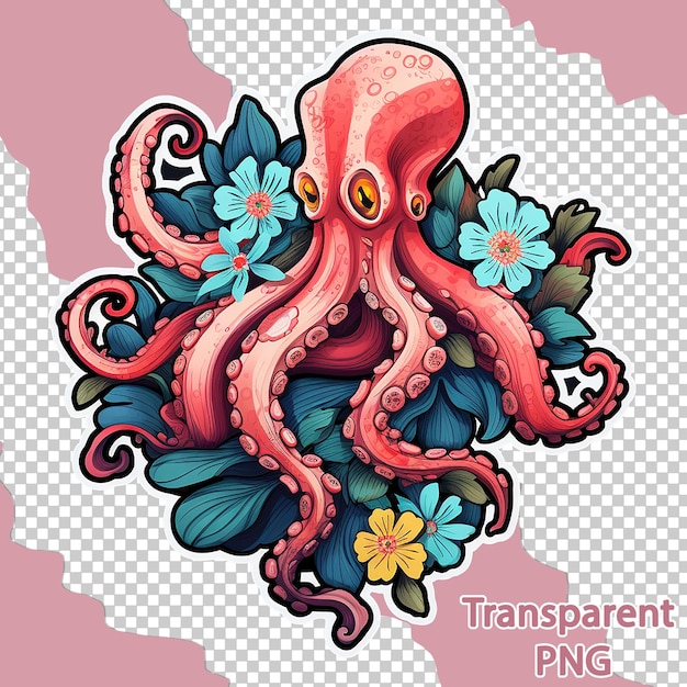 PSD aesthetic floral octopus illustration on colorful vector art transparent background