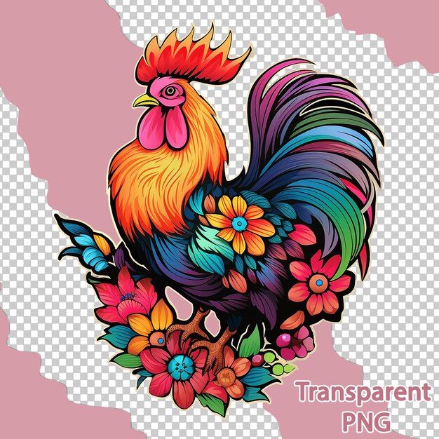 PSD aesthetic floral rooster illustration on colorful vector art transparent background