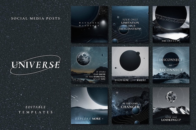 Aesthetic galaxy inspirational template psd with quote social media post collection