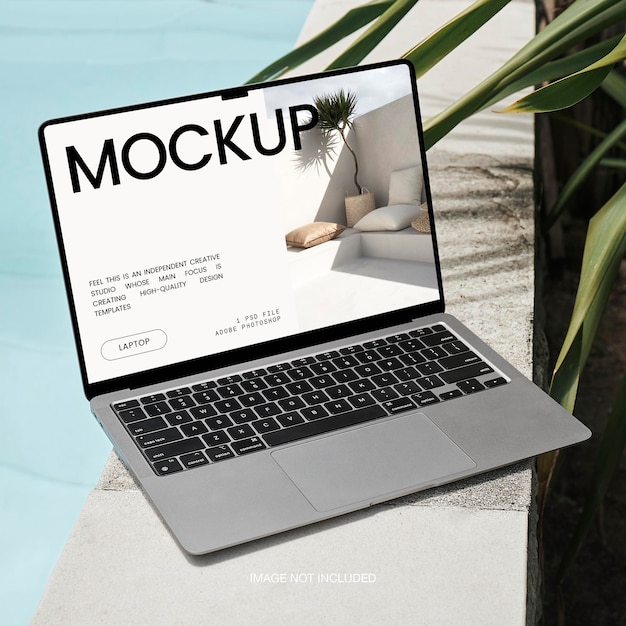 Aesthetic laptop device screen macbook air editable mockup near beach swimming pool summer psd