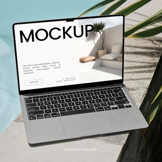 Aesthetic laptop device screen macbook air editable mockup near beach swimming pool summer psd