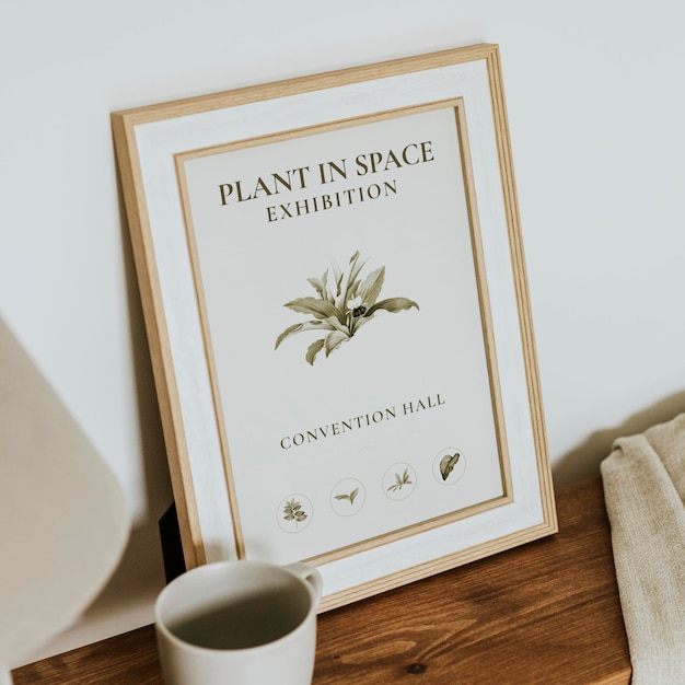 aesthetic picture frame mockup psd on wooden shelf home decor