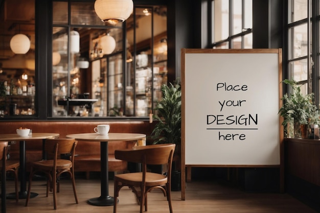 Aesthetic poster mockup frame with cafe background