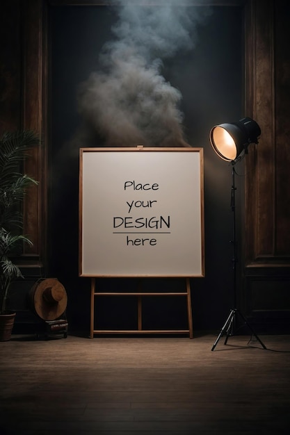 Aesthetic poster mockup frame with dark wall and smoke with fire