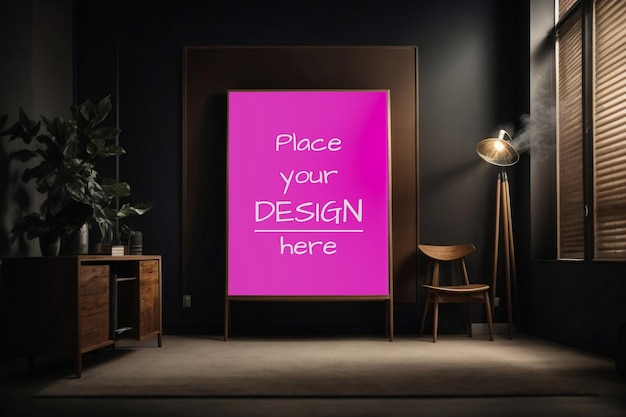Aesthetic poster mockup frame with dark wall