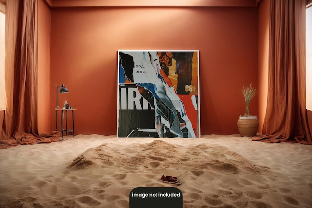 Mockup di poster psd estetico con interni e sabbia