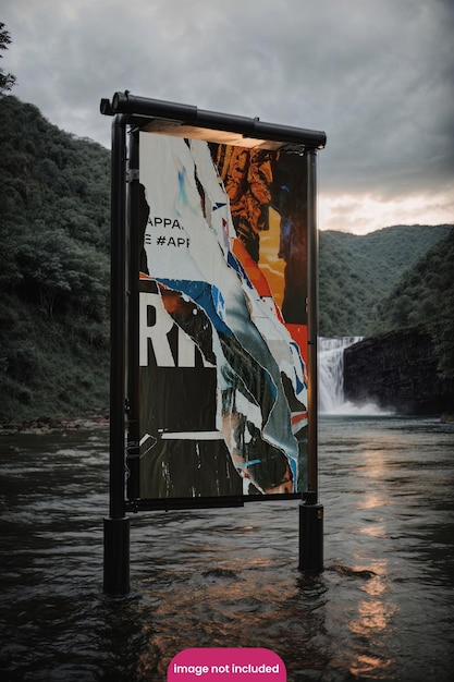 Aesthetic psd signage mockup with waterfall and river