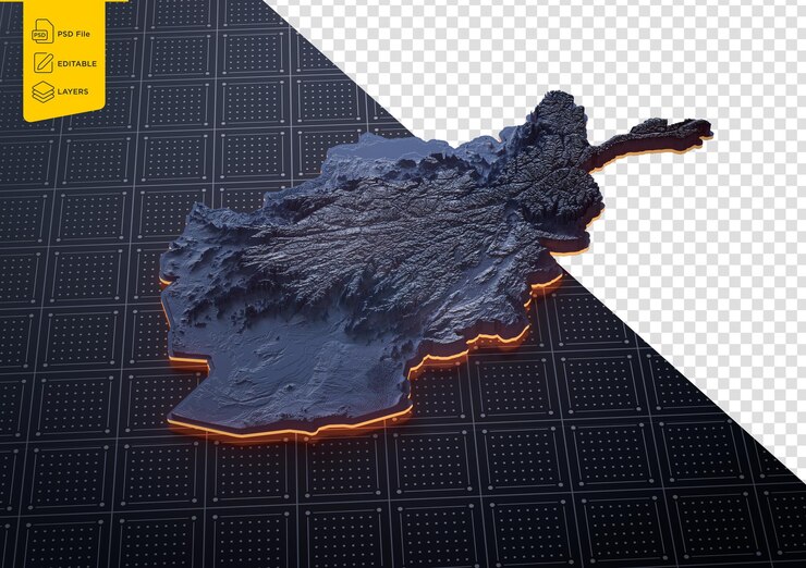 PSD afghanistan map monochromatic shaded relief textured map with orange neon border 3d illustration