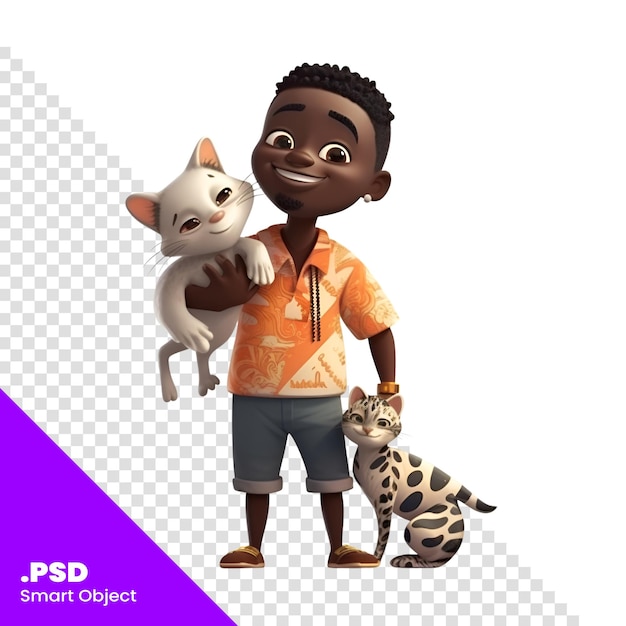PSD african american boy with cat on a white background 3d rendering psd template