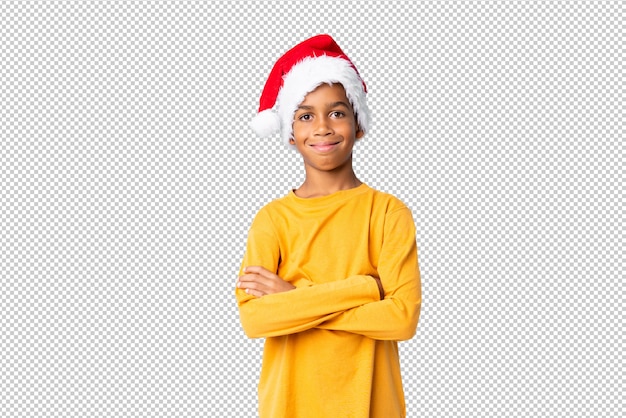 African american boy with christmas hat smiling a lot