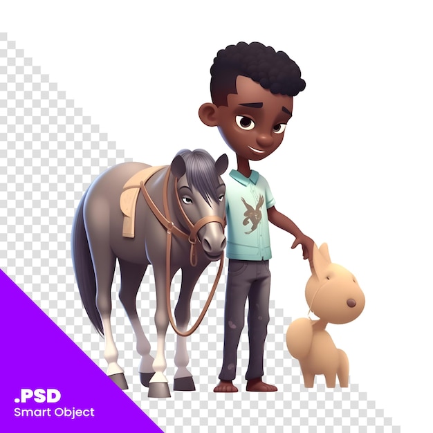 PSD ragazzo afroamericano con un cavallo e un coniglio modello psd di illustrazione vettoriale