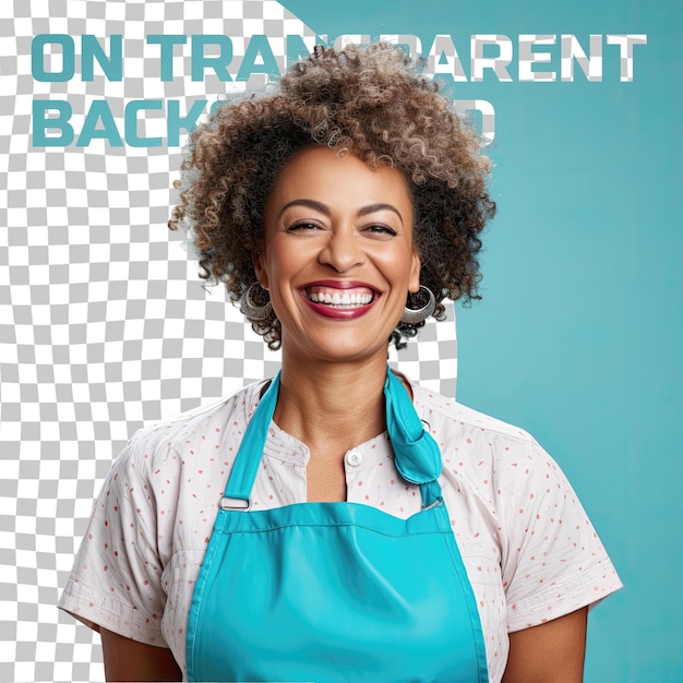 PSD african american chef curly haired woman grinning in cooking attire on pastel blue background