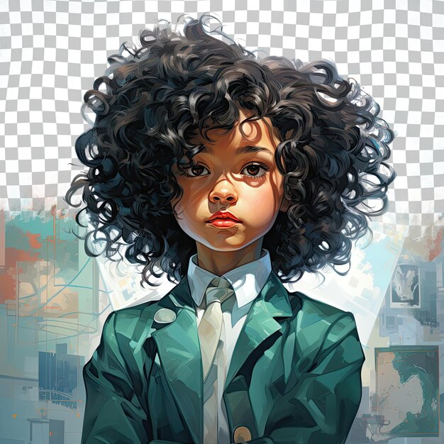 PSD african american is manager curly haired toddler girl poses in close up eyes pastel teal background