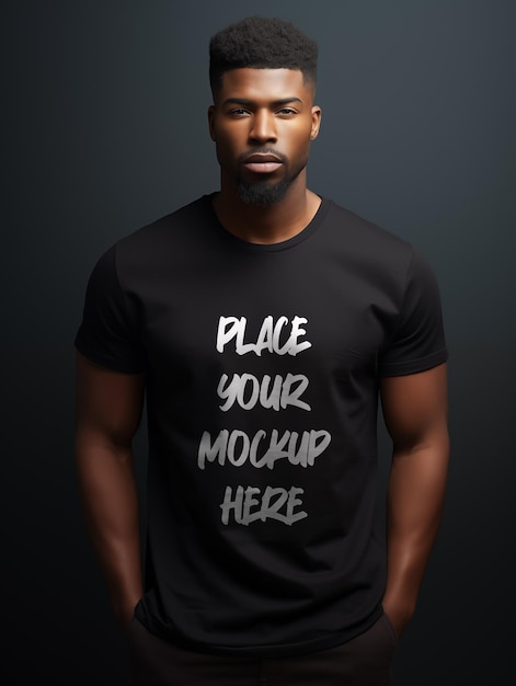 PSD 아프리카계 미국인 남성 모델 검은 티셔츠 모형 템플릿